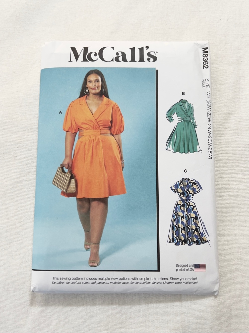 McCall’s M8362 Plus Size Dress Sewing Pattern Wrap Style Sizes 20W-28W Uncut